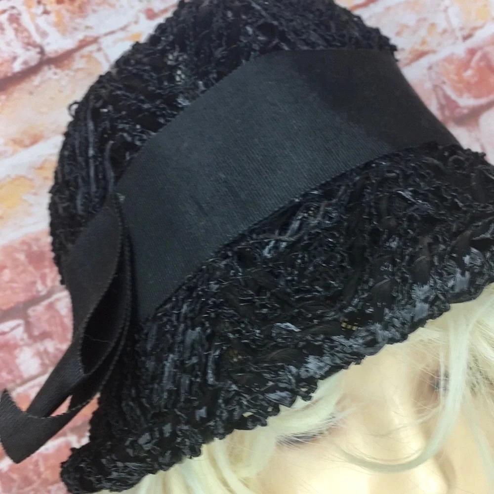 Vintage MCM Black Raffia Beach Cloche Hat